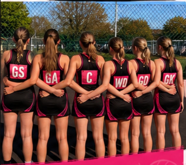 Challow netball players standing together in their black and pink dresses